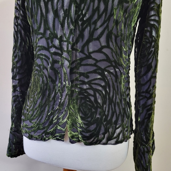 Vivienne Tam Vintage Y2K Textured Green Velvet Rose Burnout Blouse size 1 - Picture 2 of 11